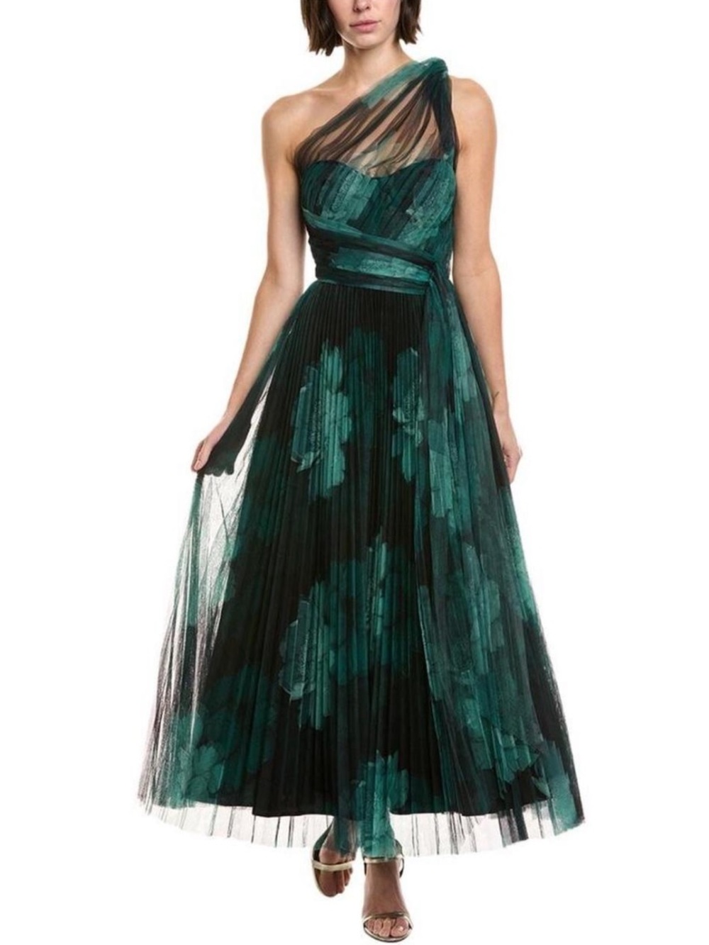 NWT Hutch One-Shoulder Emerald Green Floral Tulle Gown
